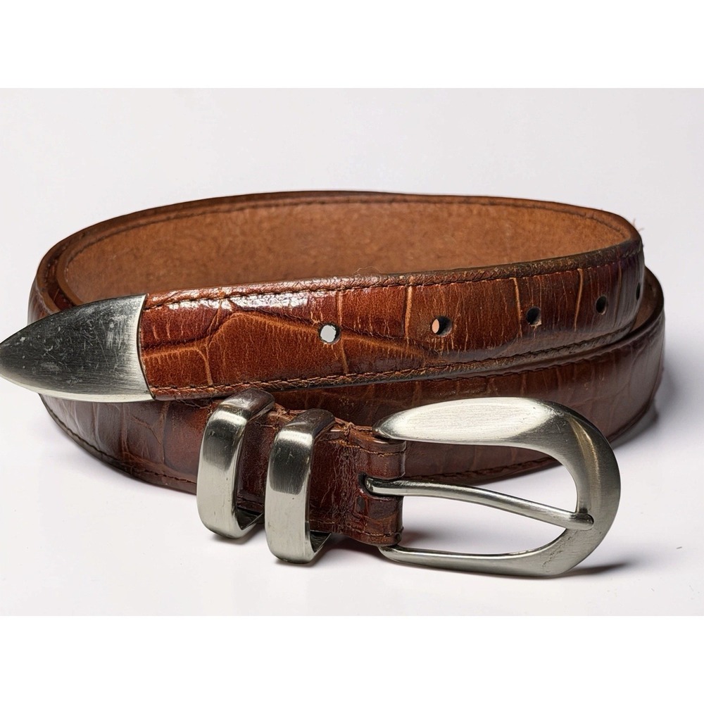 Italian Embossed Croc Leather Belt Mens Tan Full Grain Size 40 Silver Buckle EUC